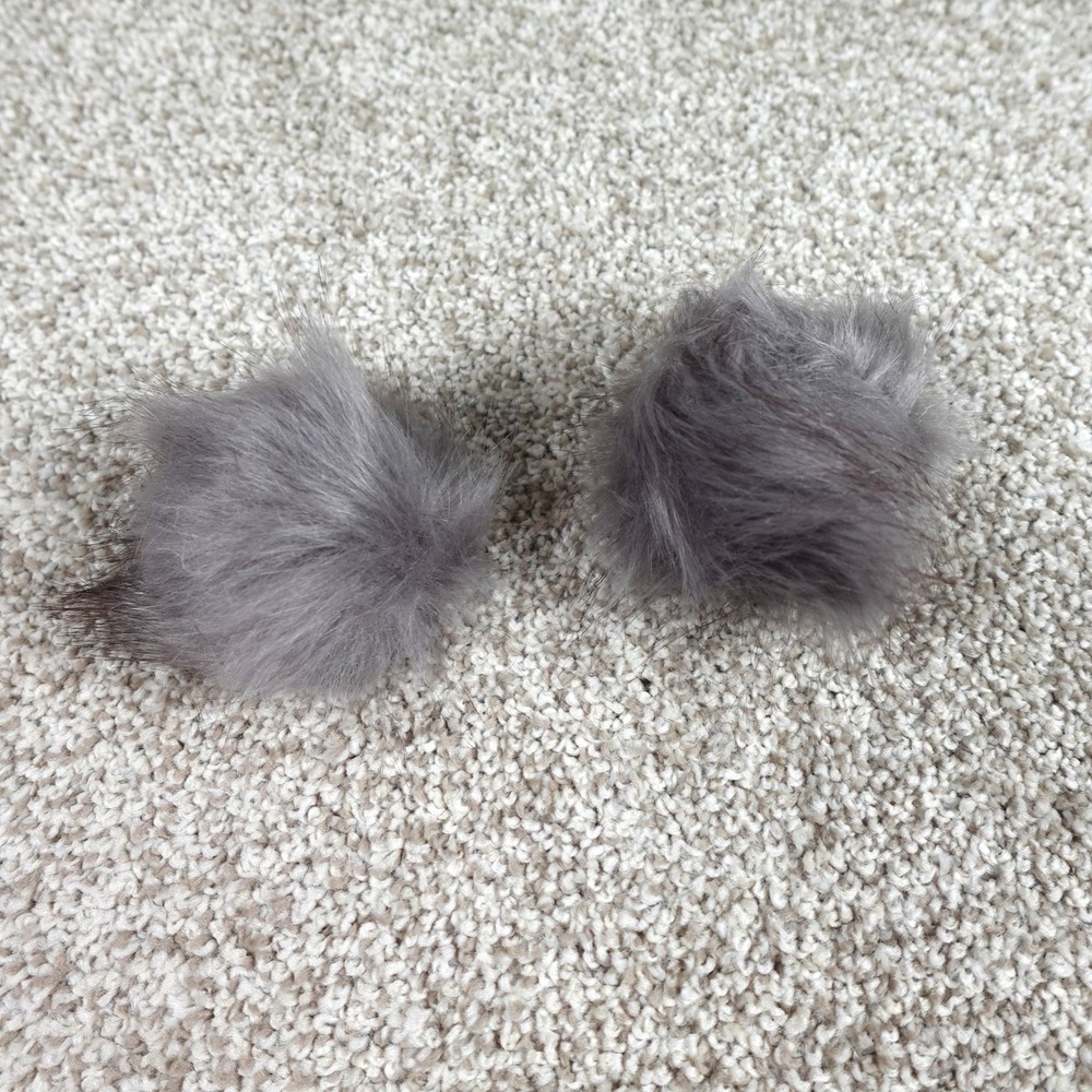 Grey Faux Fur Pom Poms 3 Inch Elastic Loop Beanie Toppers Set of 2 DIY Craft
